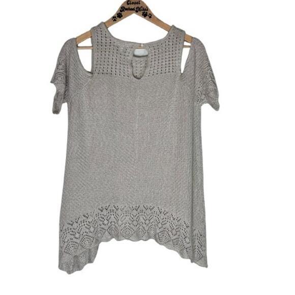 LC Lauren Conrad Women’s XL Cold Shoulder Crochet Sweater Keyhole Tan Cream - Picture 5 of 5